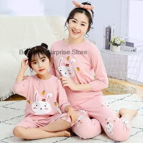 Baby Girls Cute Rabbit Pink Pajamas Adult Pajamas Summer Cotton Soft Breathable Soft Home Wear Children Cartton Clothes Set