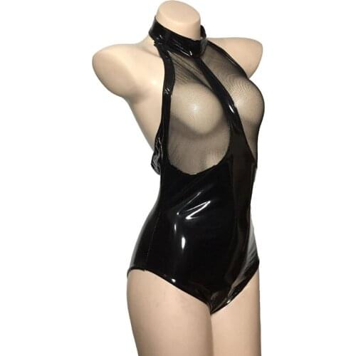 Sexy Women Patent Leather See-through Breast Leotard Bodysuit Wet Look Open Crotch Zip Teddies Lingerie Catsuit Clubwear