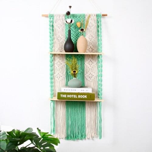 Nordic Double Layer Macrame Tapestry Shelf Hand-woven Wall Hanging Flower Pot Storage Wooden Rack Home Decor