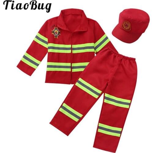 TiaoBug Unisex Boys Girls Children Firefighter Costume Long Sleeve Jacket with Pants Hat Kids Fireman Halloween Cosplay Costume