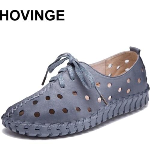 HOVINGE New Spring Summer Genuine Leather Shoes Women Flats Lace Up Women Moccasins Loafers Casual Handmade Woman Driving Shoes