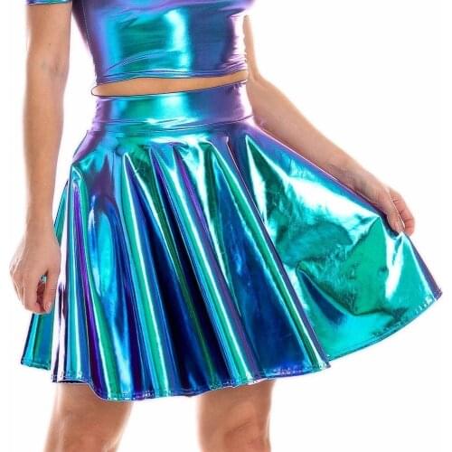 Japan Korea Summer Sexy Laser High Waist Metallic Pleated Skirt Mini PU Leather Skirt Club Party Dance Shiny Holographic Skirts