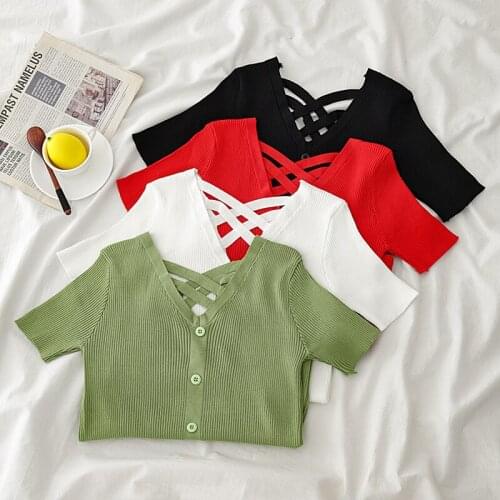 Women Summer T-Shirts V-Neck Knitted Tees Halter Backless Buttoned Up Tops Short Sleeve Slim T-Shirt Women Summer Tops