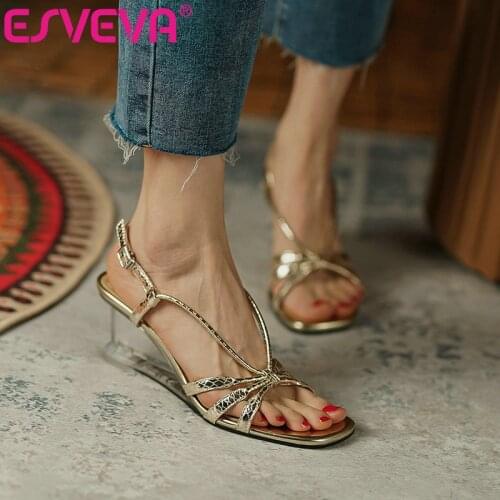 ESVEVA 2021 Wedge High Heel Transparent Sandals Elegant Back Strap Buckle Female Shoes Summer PU Leather Women Pumps Size 34-39