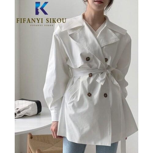 Korean Casual Women Trench Coat Double Breasted Lapel Fashion Short Windbreaker Outerwear Elegant Lady White Trench Coat 2020