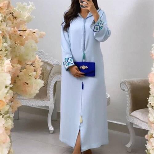 Women Dubai Abaya Hijab Dress Floral Embroidery Moroccan Autumn 2021 Fashion Elegant Blue Long Dresses Turkey Caftan Djellaba