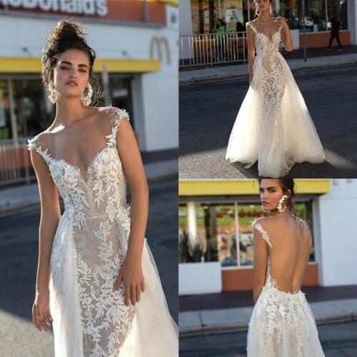 Romantic Illusion Wedding Dresses 2019 Berta Sexy Open Back Cap Sleeve Detachable Train Appliqued Lace Mermaid Bridal Gowns