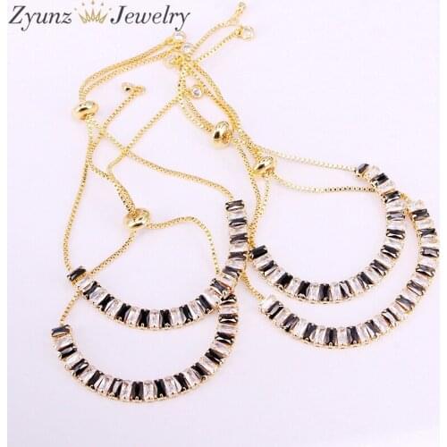 10PCS, Fashion Charm Bracelets Women Baguette CZ Simple Delicate Adjust Clear Black Color Cz Tennis Chain Fashion Bracelet