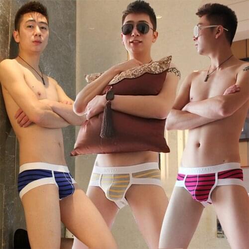 2pcs Hot Sale Sexy Men Underwear Brazil Design Comfortable Underpant Mens Brief Striped Cotton Mens Underwear Penis Sheath T302