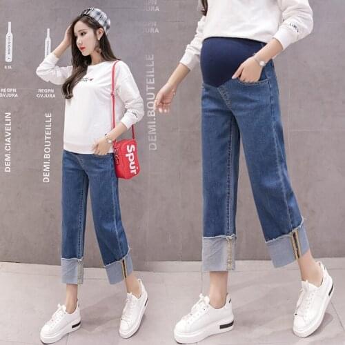 2020 Autumn Pregnant Women Jeans Plus Size Denim Pants Loose Straight Wide Leg Cotton Trousers Maternity Belly Pants Wholesale