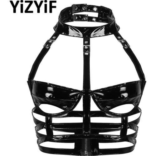Women Sexy Lingerie Punk Gothic Wet Look Patent Leather Bras Crop Top Halter Neck Cups Cutout Low Back Caged Bra Top Clubwear