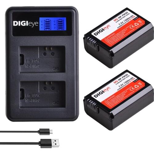 2Pcs NP-FW50 NP FW50 Battery + LCD USB Dual Charger for Sony Alpha a6500 a6300 a6000 a5000 A7II A7RII A7SII A7S A7S2 A7R
