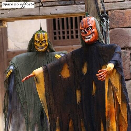 Halloween Big Size Hanging Pumpink Ghost Big Arm Hanging Doll Decoration Electric Glowing Eyes Horror Ghost Skeleton Props