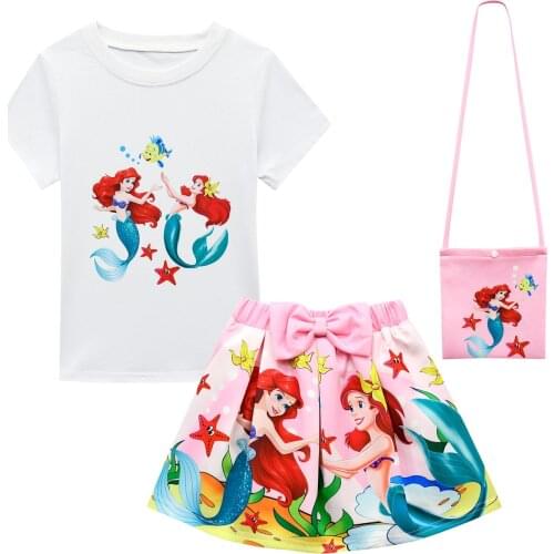 Disney Mermaid Princess Baby Girls Clothes Sets 3D Print Cartoon Short Shirt + Bow Skirt + Bag Clothes Suits Cute Girls Dress