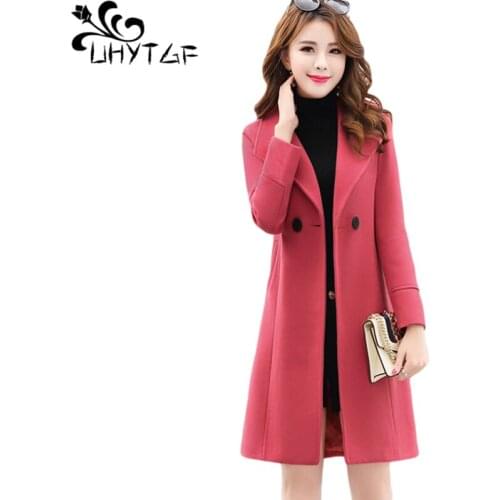 UHYTGF Fashion Long Wool Jacket Winter Windbreaker Warm Outerwear Double breasted Slim Woolen Jackets Elegant Womens Coat 906