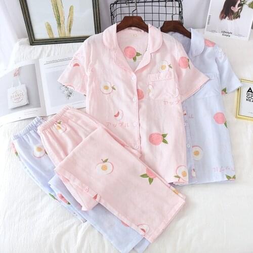 New Summer Pajama Set Women Cotton Short Sleeves Trousers Pure Cotton Gauze Soft Comfortable Fresh Fruits Thin Womens Homewear