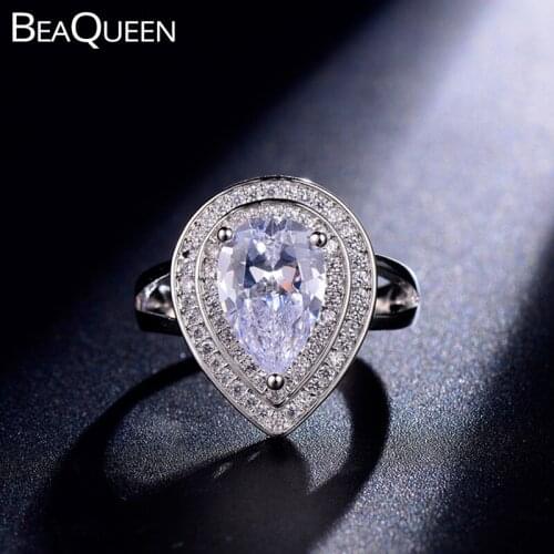BeaQueen Sparkling Silver Color Water Drop Cubic Zirconia Stone Paved Round CZ Wedding Engagement Rings Jewelry for Women R017