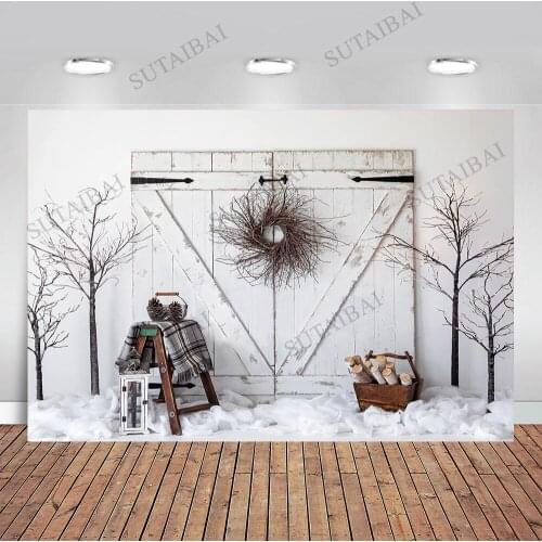 Christmas Background for Photography Wooden Door Winter Snow Tree Decoration Photo Backdrops for Children Photo Shoot Photophone