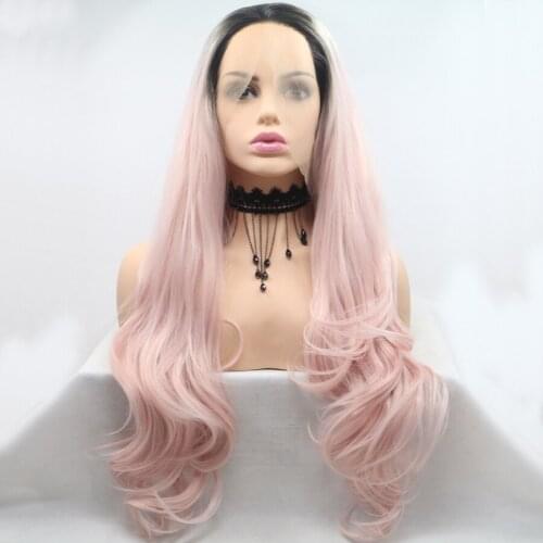 Light Pink Wigs Long Natural Wave Synthetic Hair Lace Front Wig Dark Roots Heat Resistant Fiber Cosplay Lace Frontal Wigs