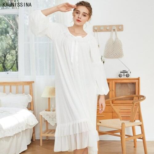Vintage White Cotton Womens Long Nightgown Luxury Sleepwear Elegant Female Loose Nighty Spring Autumn Night Dress Soft Homewear
