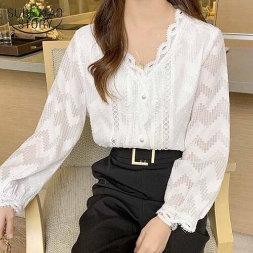 Vintage Woman Shirt 2021 Fashion Women Blouses V-neck White Tops Long Sleeve Chiffon Blouse Loose Lace Shirts BLUSA 10982