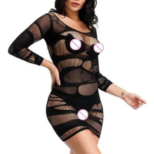 New Grace Women Irregular Nightgown Fishnet Sleepwear Long Sleeve Dress Sexy Lingerie Exotic Babydolls Female Hollow Underwear