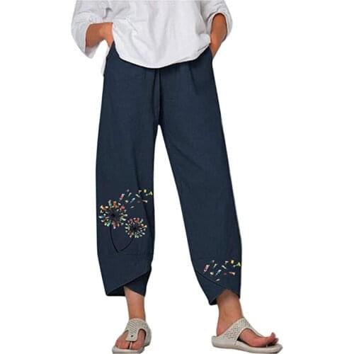 Women Elastic Waist Baggy Capri Pants Boho Print Cotton Linen Wide Leg Trousers E15E