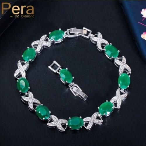 Pera Classic Green Oval Cubic Zirconia Paved Wedding X Shape Round Link Chain Bracelets for Bridesmaid Brides Women Jewelry B164