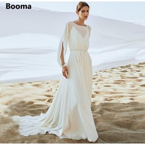 Booma Feminine Chiffon Beach Wedding Dresses Boat Neck Long Slit Sleeves A-Line Bride Dresses Backless Wedding Gowns Plus Size