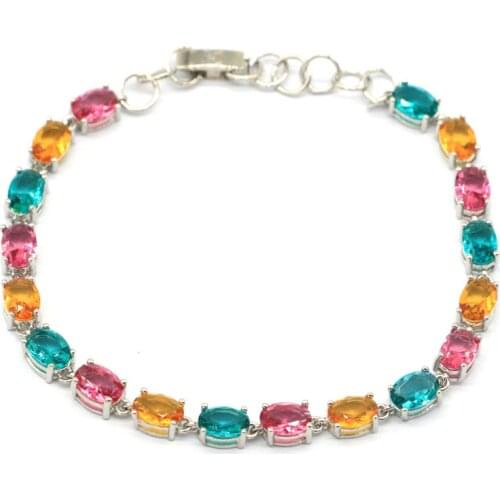 7x7mm Multi Color Created 12.5g Tourmaline Peridot Tanzanite Emerald Womans Dating Silver Bracelet 8.5-9.5inch