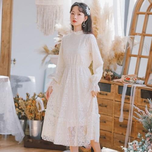 2020 New Women Lace Flower Dress Gauze Voile Long Dress Casual Female Retro Hook Princess Dress Sweet Party Dresses Vestidos