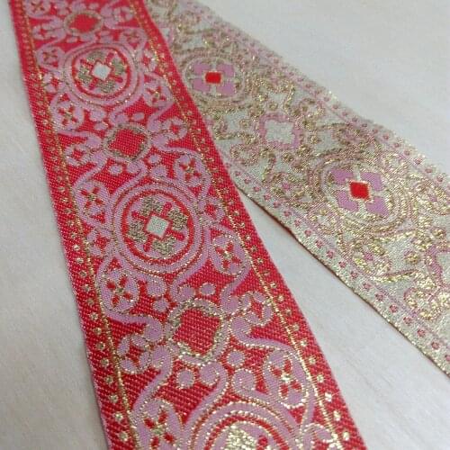 48mm 4.8cm 1-7/8'' Delicate Watermelon Red Pink Gold Blink Oval Rhombus Webbing Filigree National Woven Jacquard Ribbon Laciness