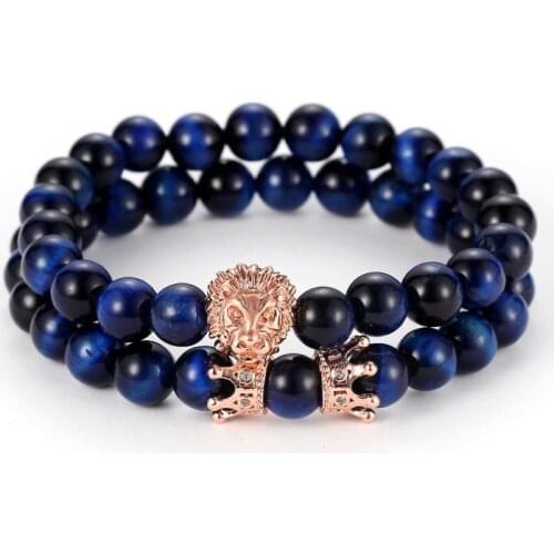 8mm 2PCS/Set tj4 elastic adjusted nature blue Tigereye bead micro pave cz zircon cubic zirconia Lion head Crown Bracelet