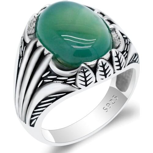 925 Sterling Silver Ring Natural Gemstone Green Agate Ring for Men Women Gift Leaves Design Vintage Turkish Silver Fine Jewelry
