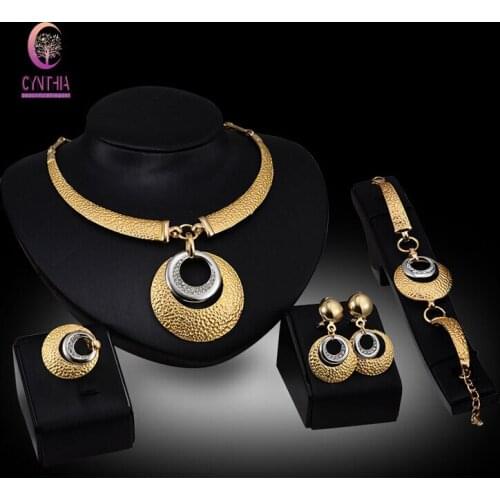 Crystal Wedding Dress Accessories Costume Women Party Gold color African Beads Necklace Bangle Earrings Ring Jewelry Sets