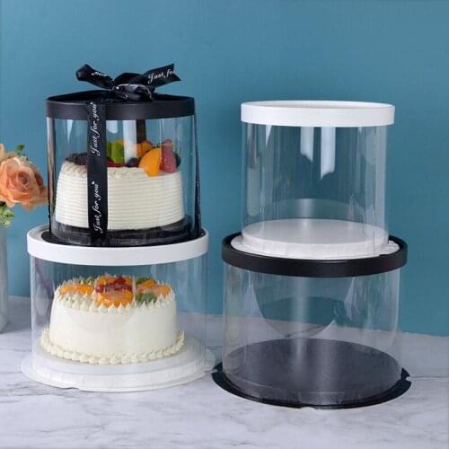 Black White Round Transparent Dessert Cake Box PVC Gift Package Supply Wedding Birthday Christmas Party Teddy Bear Boxes