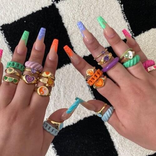 Enamel Colorful Tai Chi Gossip Rings Candy Color Metal Heart For Women Vintage Drip Oil Rings Finger Jewelry 2021 INS Fashion