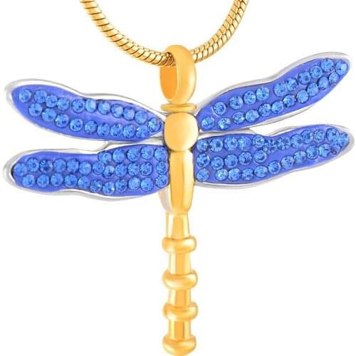 IJD9417 With Blue/Black/Green Crystal WIng Dragonfly Cremation Urn Pendant Hold Pet Ashes Keepsake Memorial Jewelry For Women