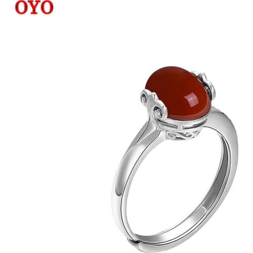 S925 silver inlaid southern red agate open ring female country tide Chinese style personality design live mouth ring