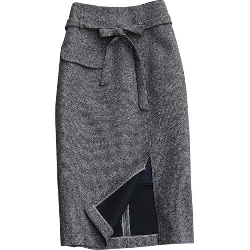 Korean Plaid Woolen Skirt Mid-length High-waist Slit Autumn and Winter New Bag Hip Skirt High Quality Office Skirt Female
