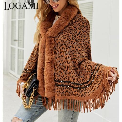 LOGAMI Leopard Print Fur Collar Coat Tassel Knitted Shawl Women Vintage Soft Warm Capes & Ponchos