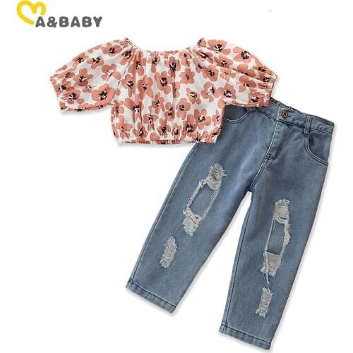 Ma&Baby 1-6Y Summer Toddler Kid Girl Clothing Set Floral Crop Top + Denim Pants Outfits Costumes Children Clothes