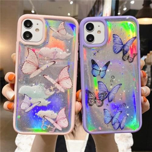 Cute Laser Card Butterfly Phone Case for iPhone 12 11 Pro Max XS Max XR 7 8Plus Pink Purple Glitter Clear Soft Bumper Back Cover