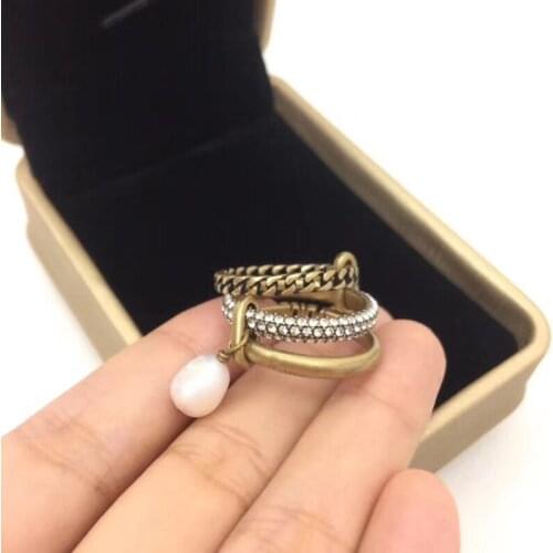 Brand Fashion For Women Drop Pearl Ring Vintage Party Yellow Brass Jewelry Steam Punk Rings