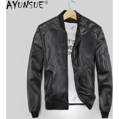 AYUNSUE Men Jacket 2020 Mens Clothing Real Sheepskin Leather Jackets Mens 5XL Baseball Coat Autumn Outwear Ropa Hombre LXR386