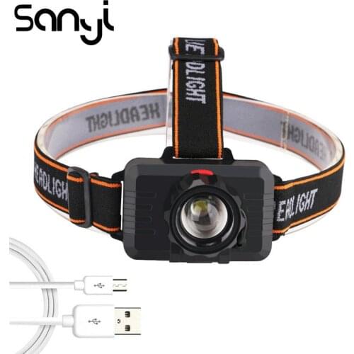 SANYI T6 USB Rechargeable Built-in Battery Head Lamp ZOOM Headlight Super Bright Headlamp Torch Camping LED Flashlight Forehead