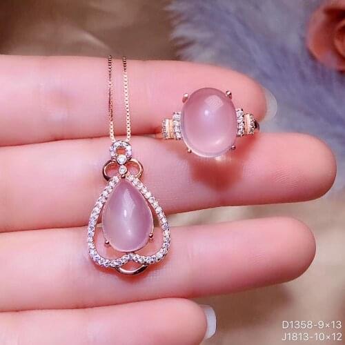 New Arrival Real Natural Natural Rose Quartz jewelry set Natural Real Rose Quartz 925 sterling silver 1pc pendant,1pc ring
