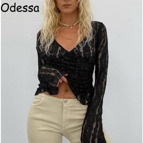 Odessa Black Long Sleeve V Neck Crop Tops Women Brown Vintage Lace Sexy Tees Ladies Transparent Casual Shirts Spring Summer 2021