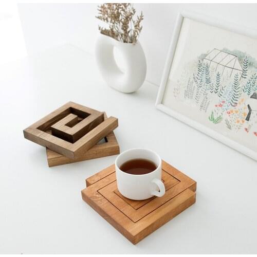 DUNXDECO Table Placemat Pine Wood Laser Plate Pad Hot Insulation Tea Cup Pot Mat Modern Chinese Style Rustic Artistic Desk Decor