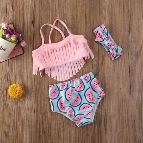 Free shipping Toddler Kids Baby Girl clothes Watermelon print shorts bow Headband off shoulder strap Tassel Tops 3pc cute outfit